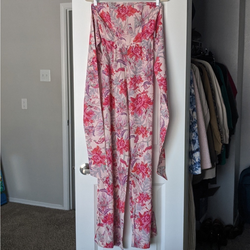 H&M Limited Edition Pink Red Floral Flowy Strapless Corset Top Jumpsuit w Bow